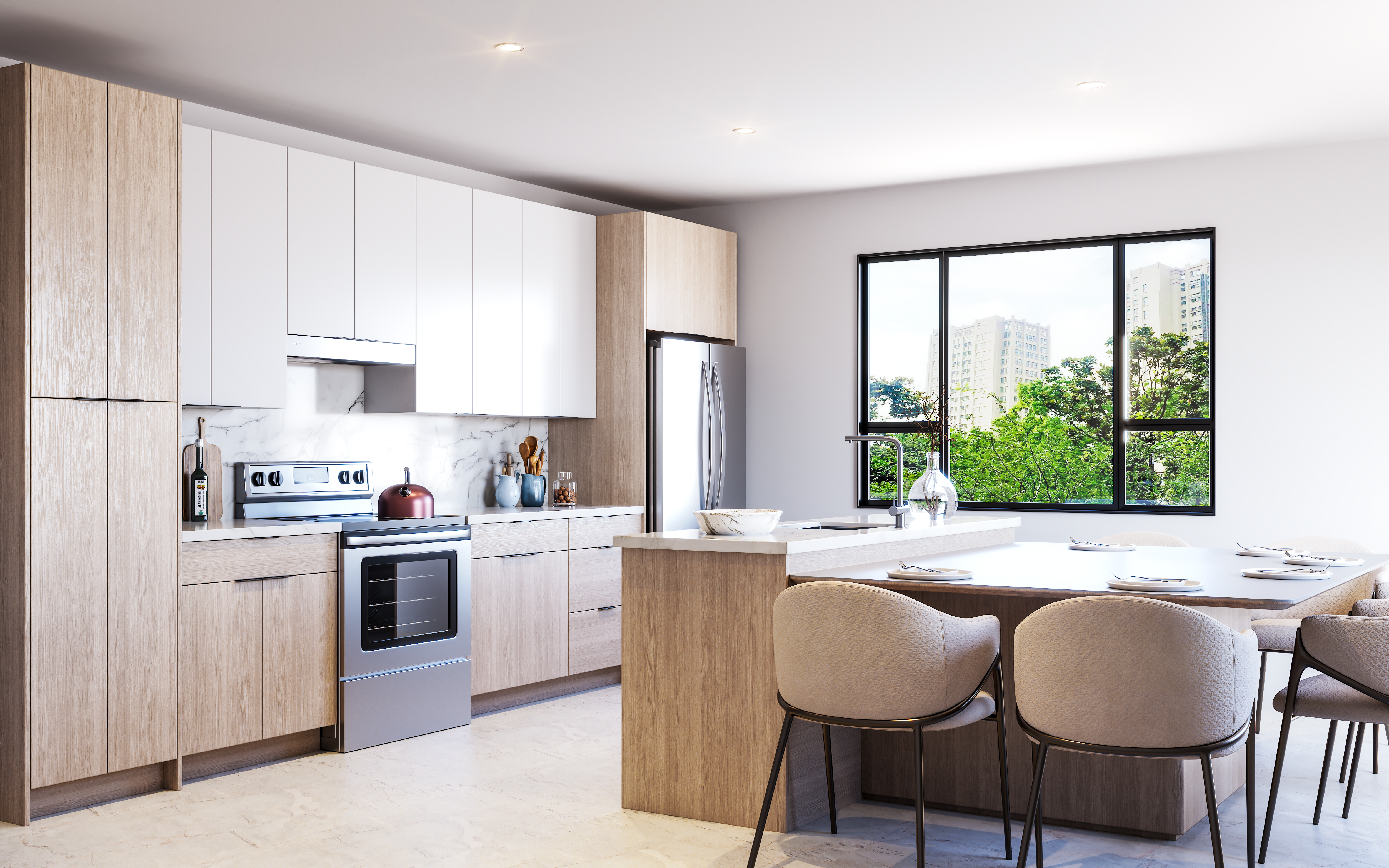 Large oak and white kitchen with island and no knobs
